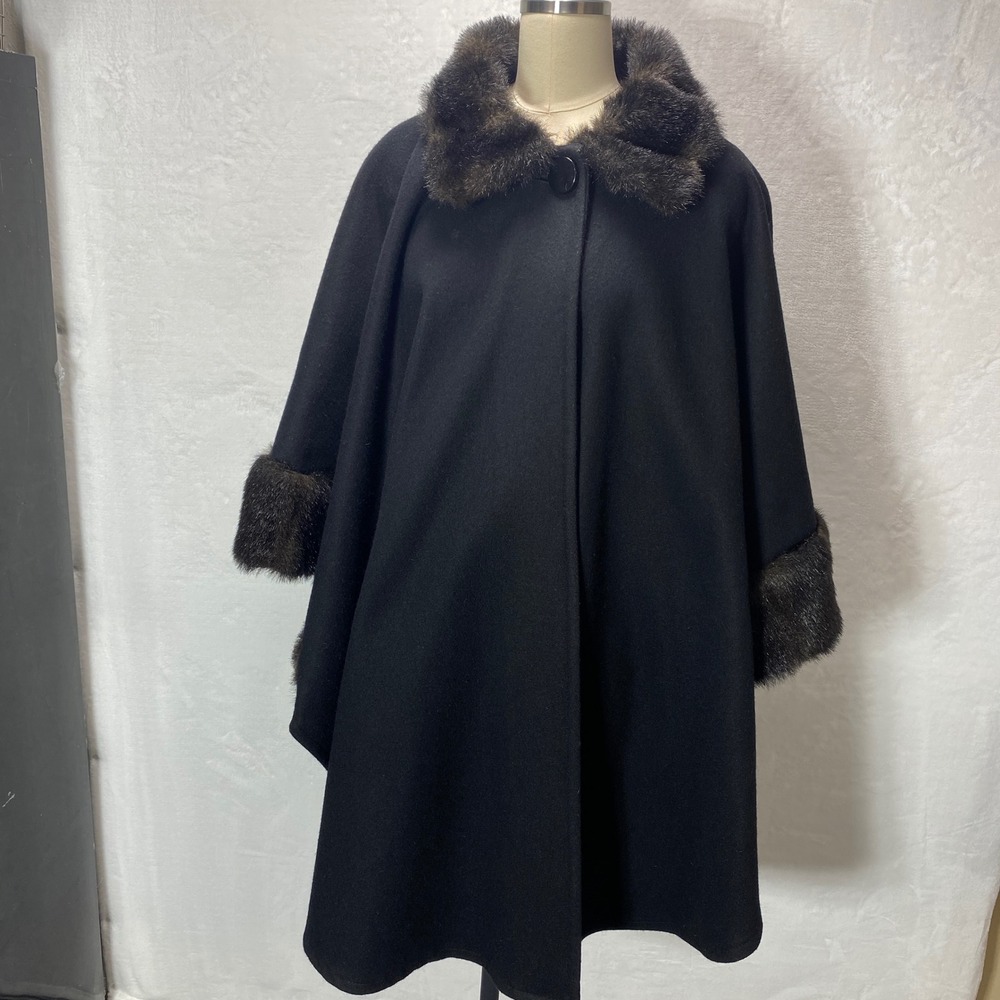 Vintage Russell Scott‎ Black Wool Cape Faux Fur Collar Cuffs Elegant Coat